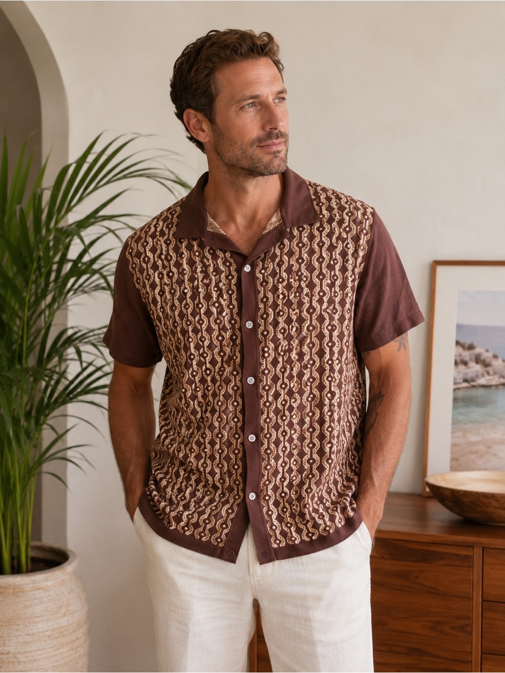 PJ Paul Jones Men’s XL Brown Retro Knit Camp Collar Button Front Polo Shirt